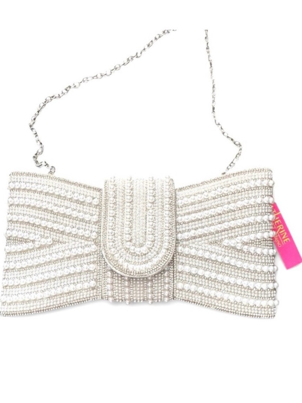 Catherine Malandrino White Bow Evening Bag with Pearls and Rhinestones, NWT
